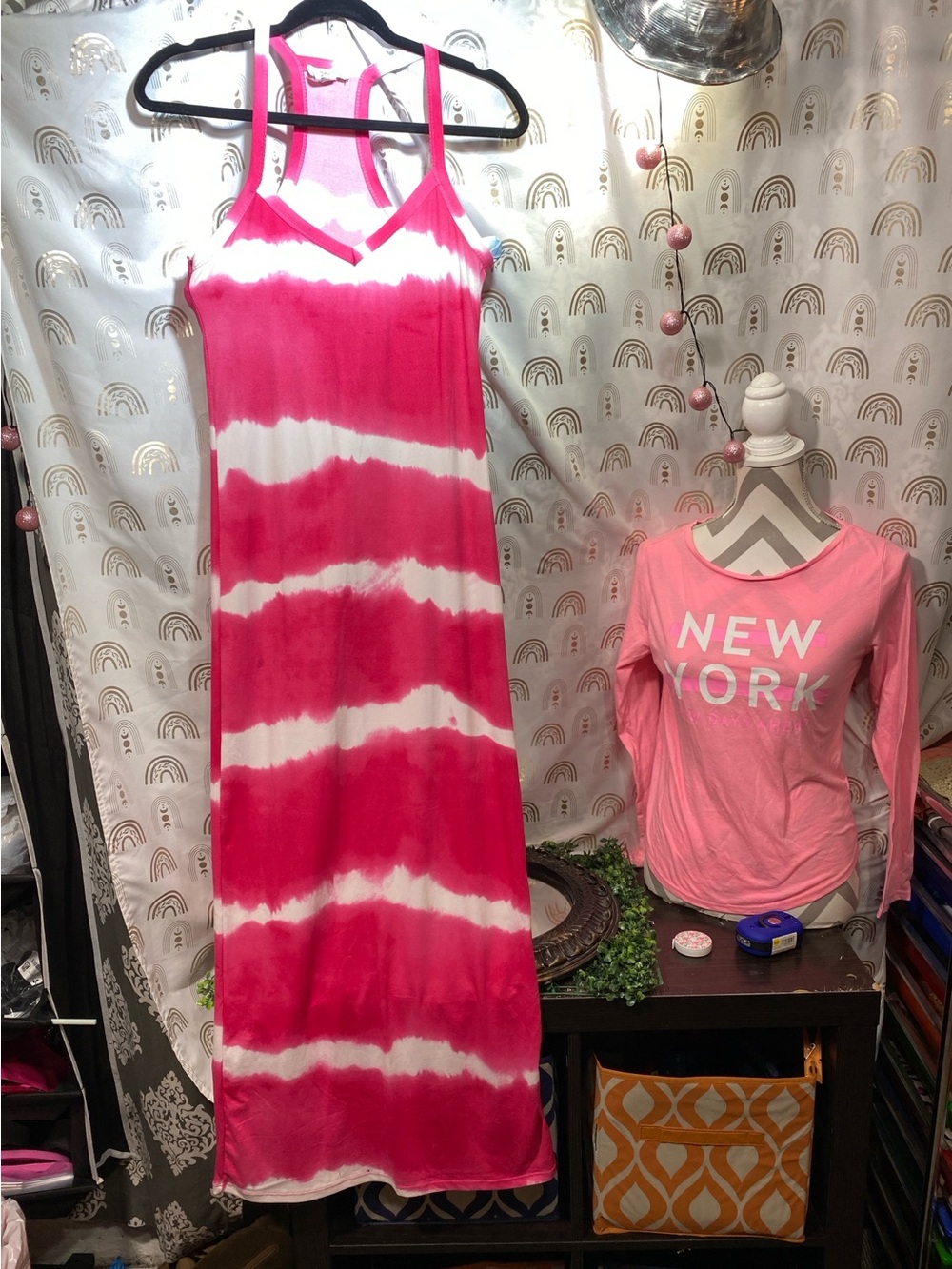 Hot Pink and White Tie-Dye Racerback Maxi Dress
